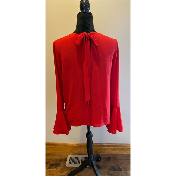 Wayf Blouse Size Medium Top Red Long Bell Sleeves Keyhole Tie Back Dressy Classy - Picture 7 of 12